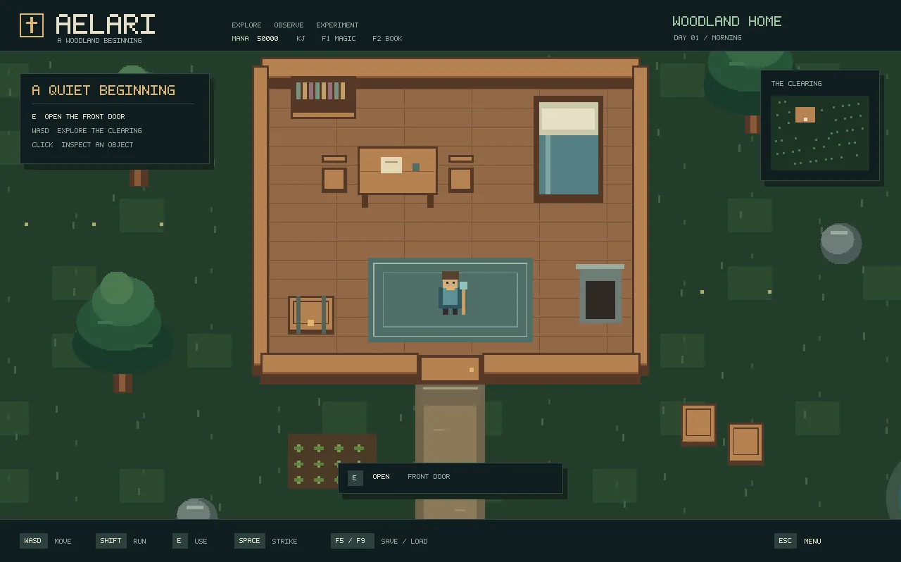Zrzut ekranu gry 2D w stylistyce pixel art: postać we wnętrzu chatki otoczonej lasem